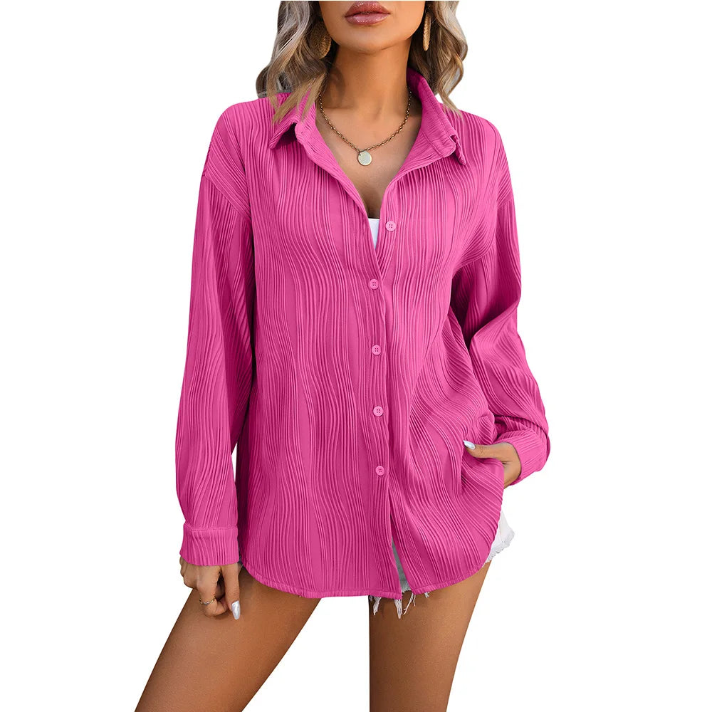 Crew neck women's topsSpring Summer New Wavy Texture Loose Fashion Shirt Ladies Office Casual Lapel Long Sleeves Shirt