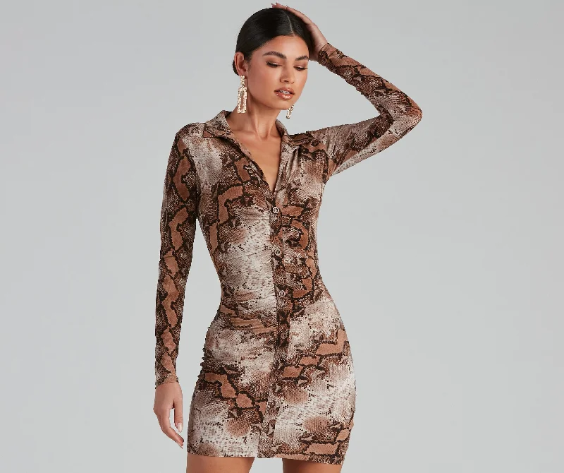 Flowy dresses for womenStun In Snake Charming Print Button-Down Dress