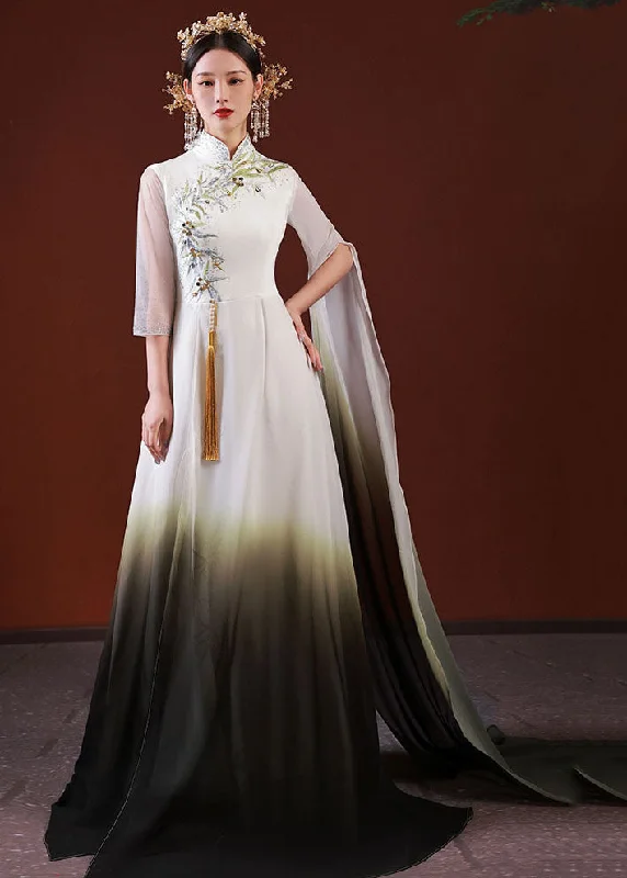 Sustainable dresses for eco-conscious womenStylish White Gradient Color Embroidered Patchwork Silk Long Dress Half Sleeve