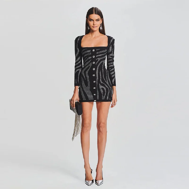 Winter dresses for cold weatherSquare Collar Long Sleeve Rhinestone Mini Bandage Dress HL9467