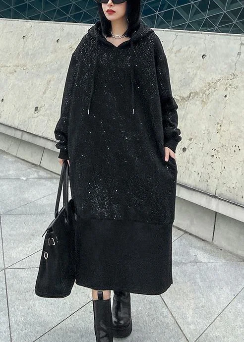 Activewear women's sweaterSweater women's autumn winter loose hooded Plush shiny black dress