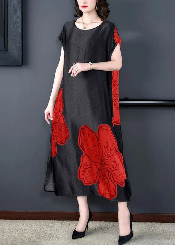 Lantern sleeve dresses for womenWomen Red O Neck Print Side Open Patchwork Silk Long Dresses Summer