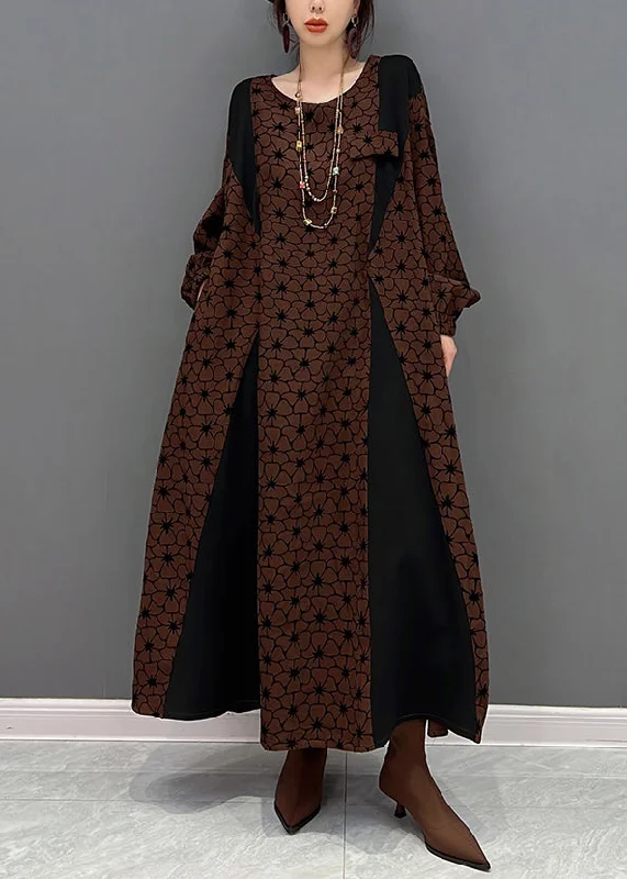 Gym wear dresses for athletic activitiesCasual Brown O Neck Wrinkled Print Patchwork Cotton Long Dresses Fall