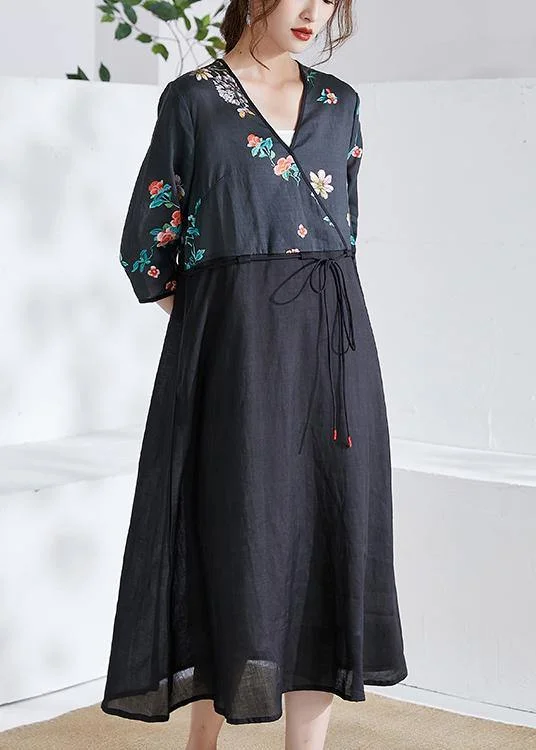 Local artisan women's topsItalian Black Tie Waist Patchwork Print Summer Ramie Shirts