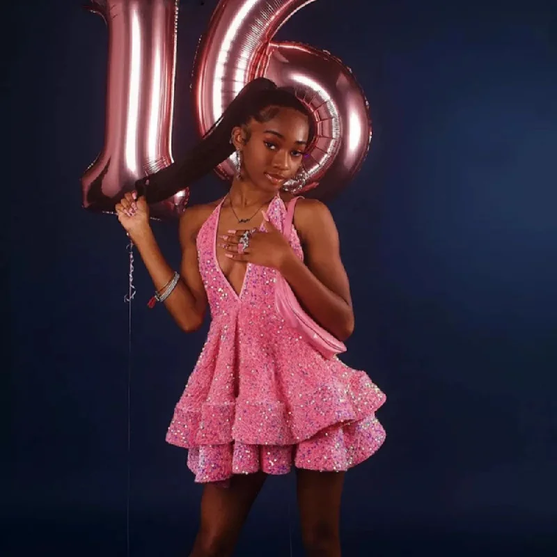 Mother-of-the-bride dressesHot Sale Pink Sequins Mini Prom Dresses for Black Girls Tiered Halter Backless Vestidos de gala Black White Birthday Party Gowns