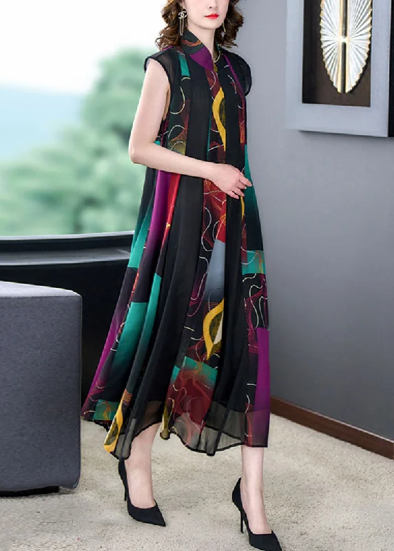Spring dresses for blossoming stylesStylish Colorblock Stand Collar Print Wrinkled Patchwork Chiffon Dress Summer