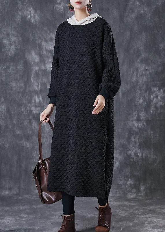 Glamour dresses for red carpet appearancesWomen Black Hooded Patchwork Fine Cotton Filled Dress Winter