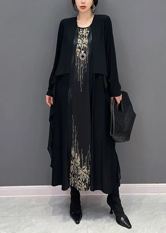 Lace dresses for womenUnique Black O Neck False Two Pieces Patchwork Chiffon Dress Fall