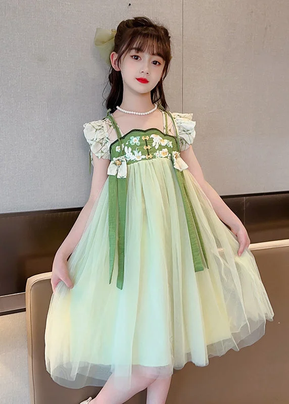 Long flowy dresses for womenUnique Light Green Embroideried Tassel Patchwork Tulle Long Dress Short Sleeve