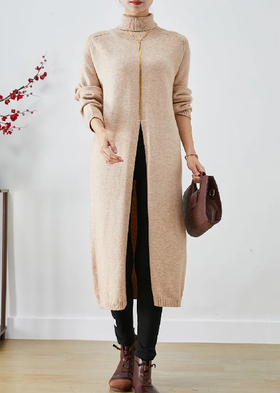 Cable-knit women's sweaterFrench Apricot Turtle Neck Side Open Knit Sweater Dress Fall