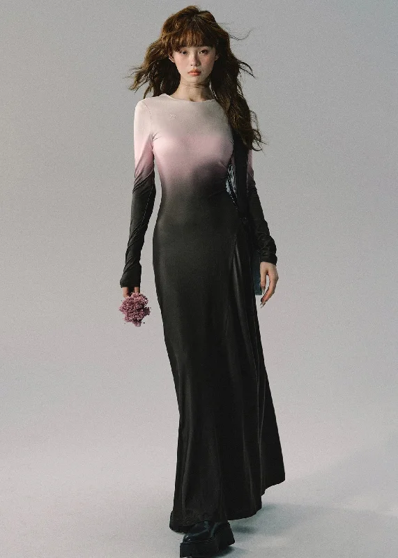 Sheath dresses for womenItalian Gradient Color Lace UP Cotton Long Dresses Long Sleeve