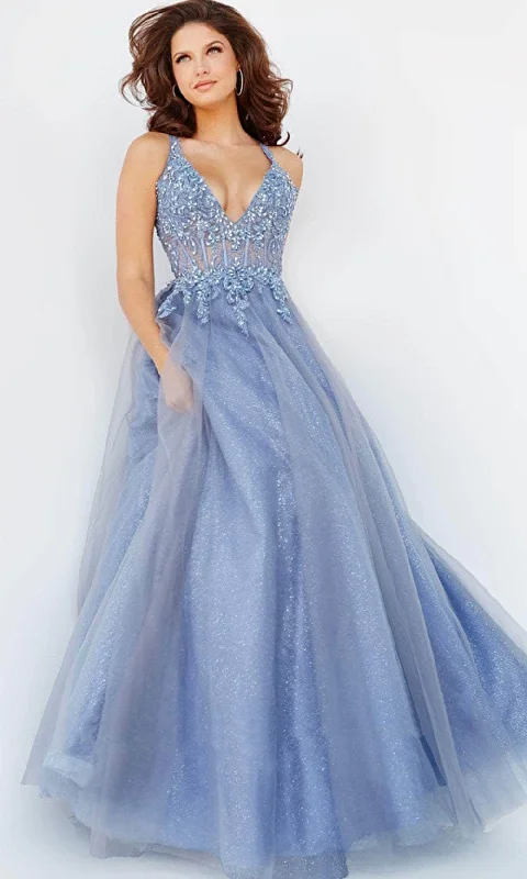 women's suit sets with hidden zippersJovani 22546 - Corseted V Neck Tulle Gown