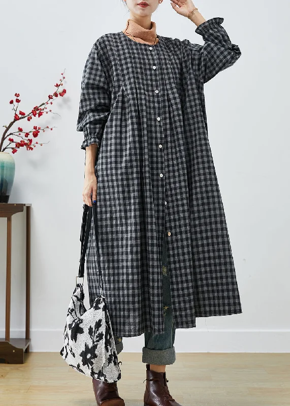Party dresses for womenItalian Dark Grey Oversized Plaid Cotton Robe Dresses Fall