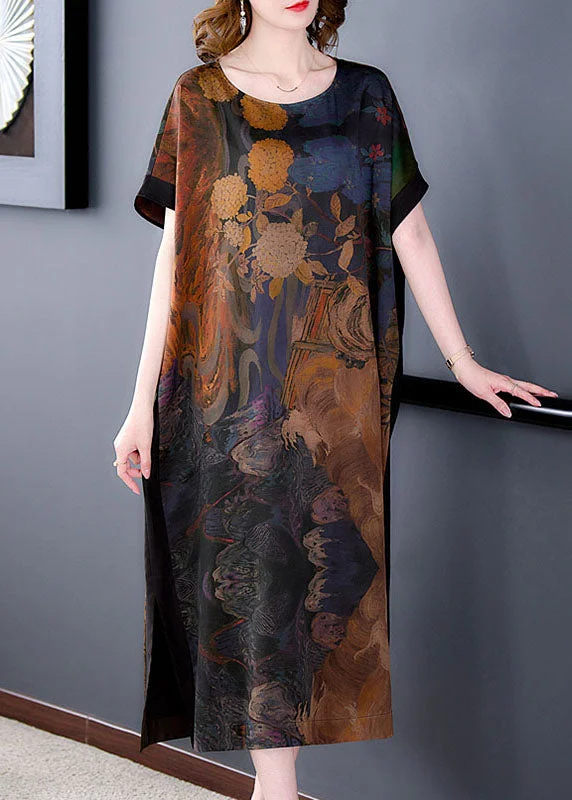 Statement dresses for making a fashion statementPlus Size Coffee O Neck Print Side Open Patchwork Silk Dresses Summer