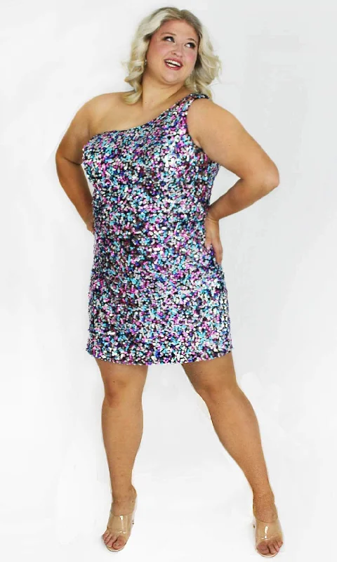 luxury women's suit setsSydney's Closet SC8135 - Asymmetric Neck Shimmer Cocktail Dress