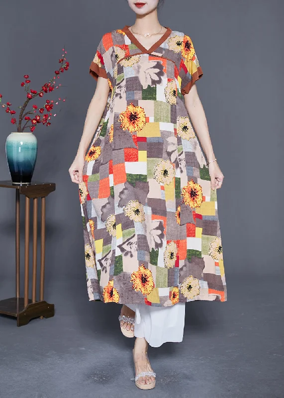 Limited edition dresses for collectorsWomen Khaki V Neck Patchwork Print Cotton Long Dress Summer