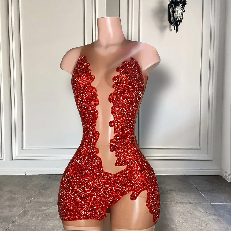 Elegant women's dressesSheer Sexy See Through Women Birthday Party Formal Gowns Mini Design Red Sparkly Diamond Black Girls Short Prom Dresses