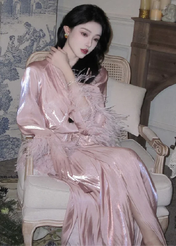 Round-neck dresses for womenBeautiful Pink V Neck Feather Patchwork Silk Dresses Long Sleeve