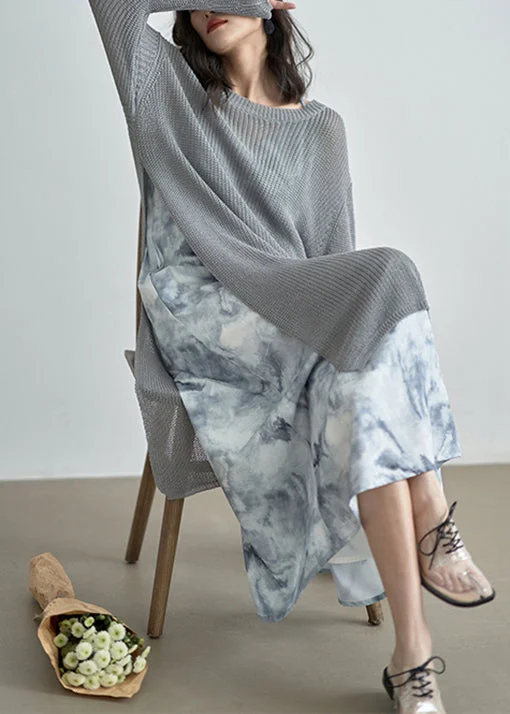 Statement dresses for making a fashion statementItalian Grey O Neck Side Open Patchwork Knit Dress Fall