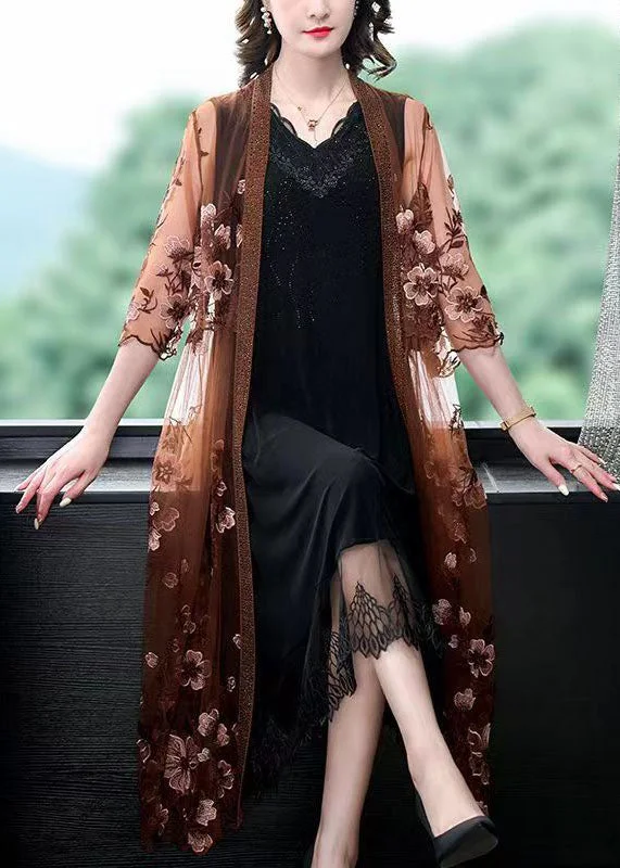 Tall women's dressesCoffee Patchwork Tulle Cape Dresses Embroideried V Neck Summer