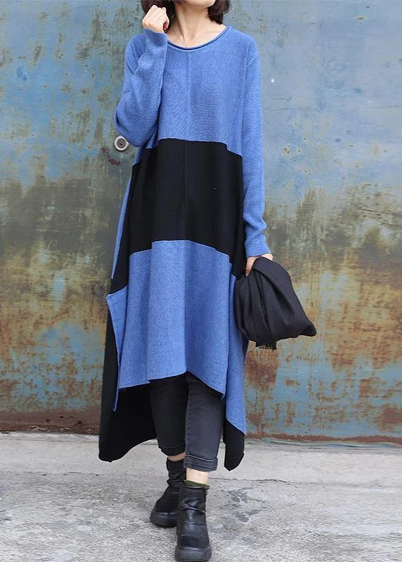 Workwear women's sweaterKnitted blue Sweater dress outfit DIY side open baggy low high design knit dress