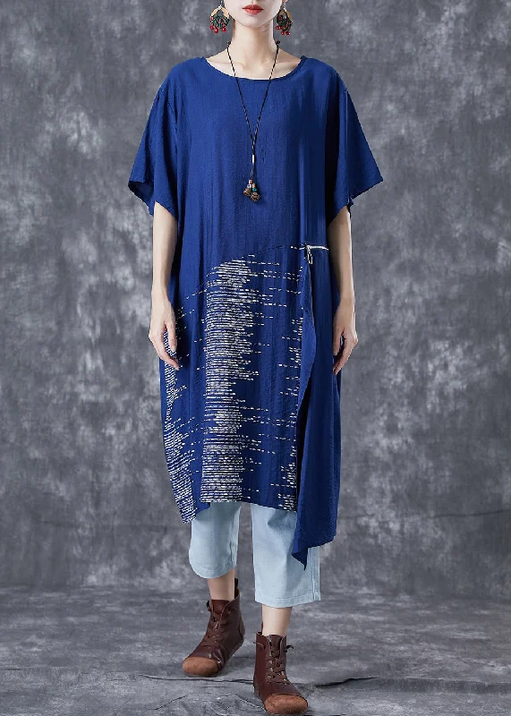 Designer dresses for high-end fashionUnique Blue Asymmetrical Patchwork Zippered Cotton Dresses Summer