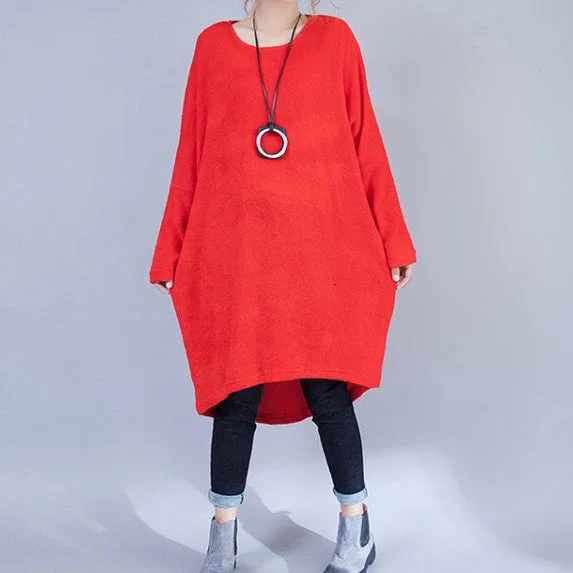 Leather-look women's sweaterplus size casual woolen dresses red fashion low high sweater dress