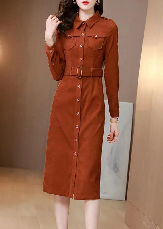 Transitional dresses for in-between seasonsFrench Orange Peter Pan Collar Tie Waist Patchwork Corduroy Dress Fall
