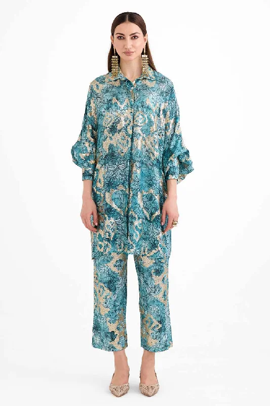 Lace women's topsSequin Embellished Marine Cuff Shirt Co-Ord Set
