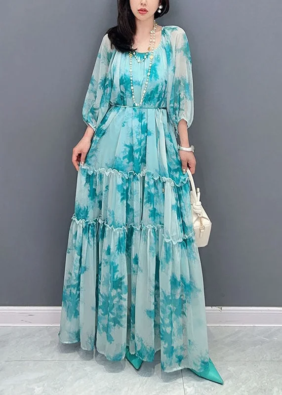 Cap sleeve dresses for womenFrench Blue O Neck Ruffled Patchwork Long Chiffon Dress Summer