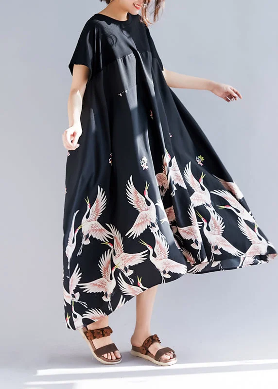 Striped dresses for womenLoose black print linen clothes Plus Size Shirts o neck asymmetric long Summer Dress