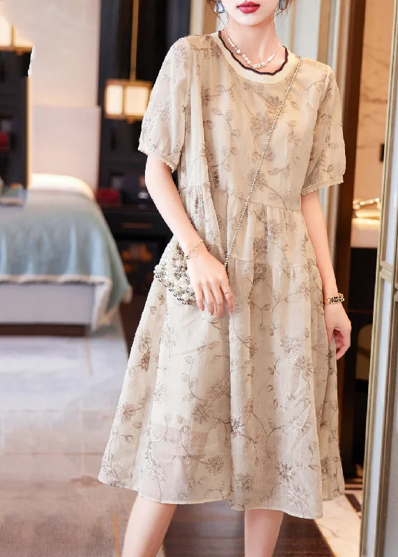 Festival dresses for music and arts eventsBoutique Beige O-Neck Patchwork Print Chiffon Long Dresses Summer