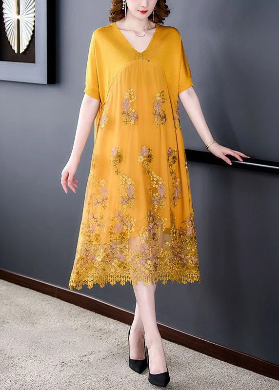 Cotton dresses for everyday wearYellow Patchwork Tulle Dresses Embroideried V Neck Summer