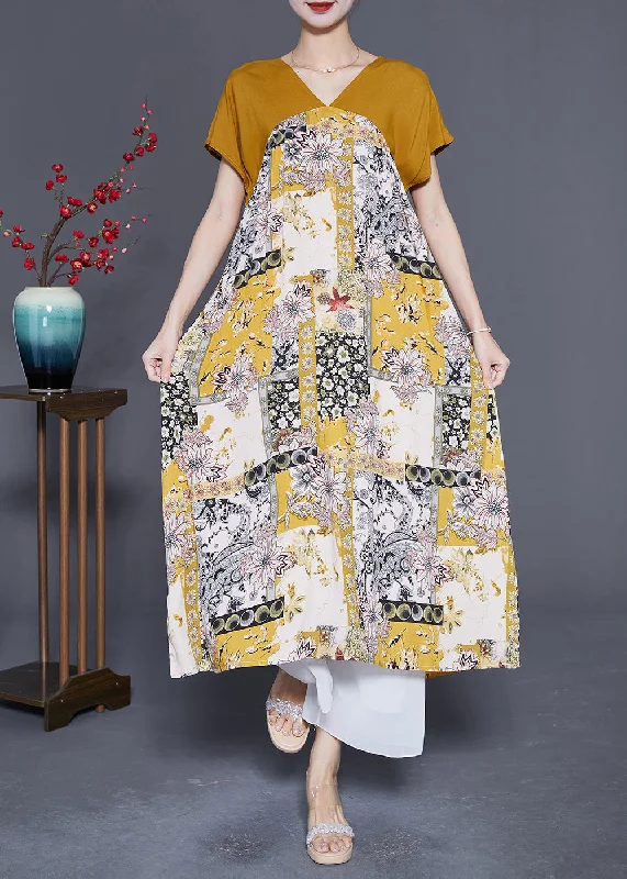 Little black dresses (LBDs) for womenUnique Yellow V Neck Patchwork Print Chiffon A Line Dress Summer