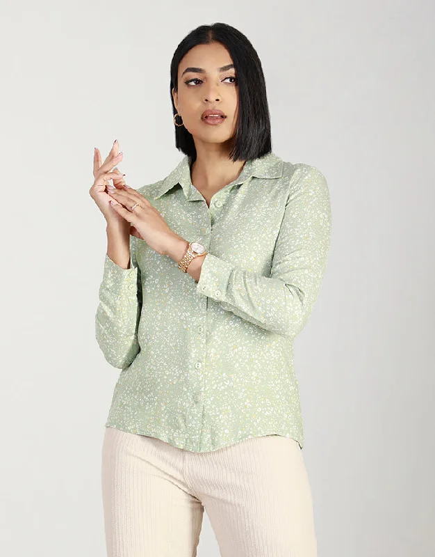 Bohemian women's topsCollared Printed Long Sleeves Shirt Blouse