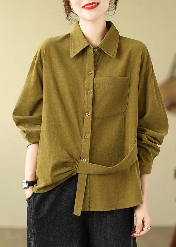 Evening women's topsNovelty Ginger Peter Pan Collar Pockets Corduroy Shirt Long Sleeve