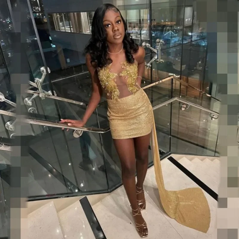 Women's casual dressesSimiple Gold Short Prom Dresses With Train Beading Applique Sequin Party Gowns Sheer Neck Mini Birthday Outfit Vestidos De Gala