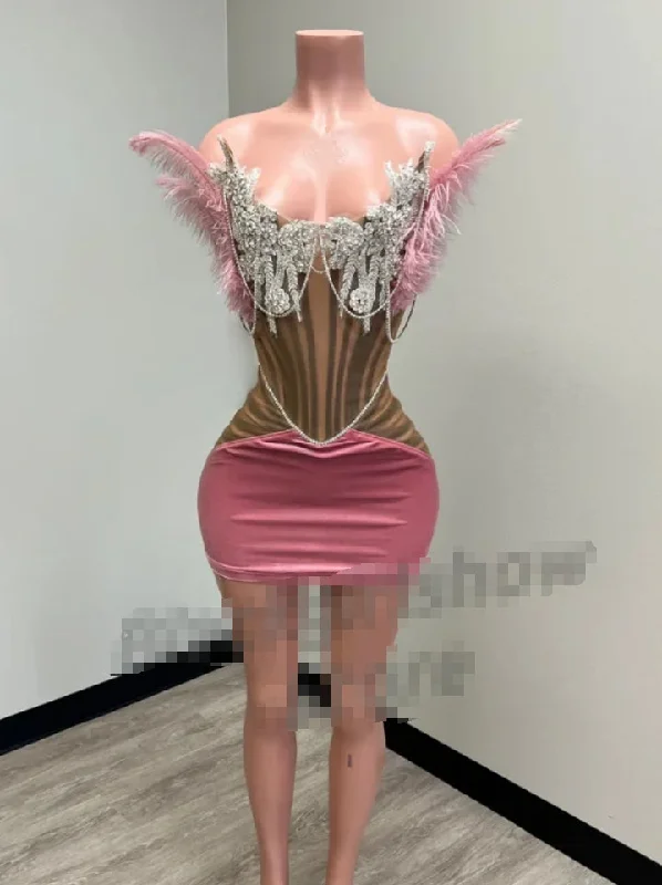 Dancewear dresses for performancesLuxury Peach Pink Short Cocktail Party Dress Sexy Bustier Diamante Beaded Feather Mini Dress