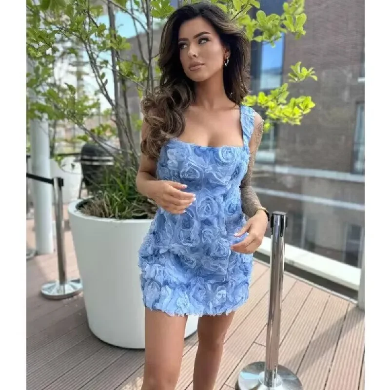 Off-the-shoulder dresses for womenSexy Evening Dress For Women 3D Flower Spliced Sleeveless Solid Color Mini Birthday Dresses Summer