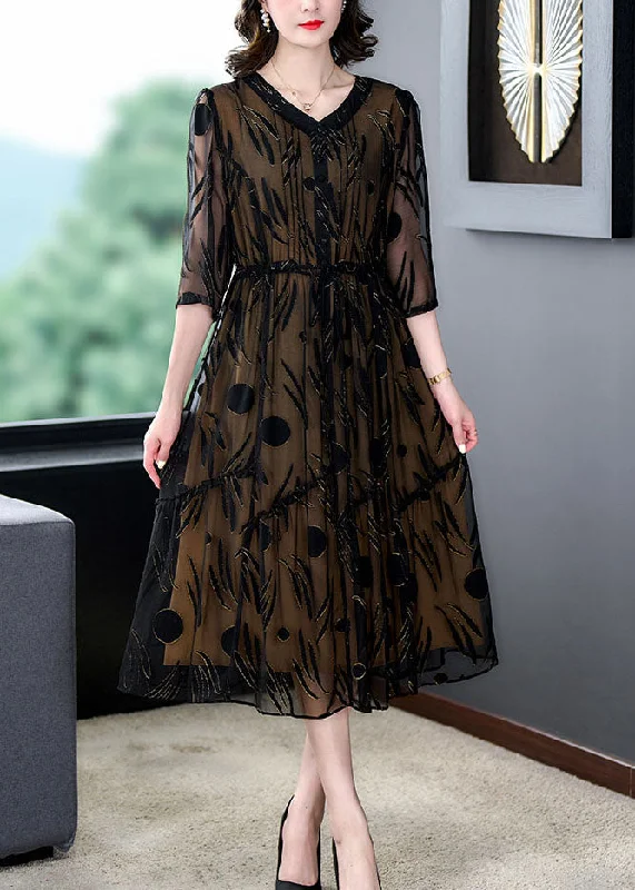 Workout dresses for active lifestylesBlack Patchwork Silk Dress V Neck Drawstring Wrinkled Summer