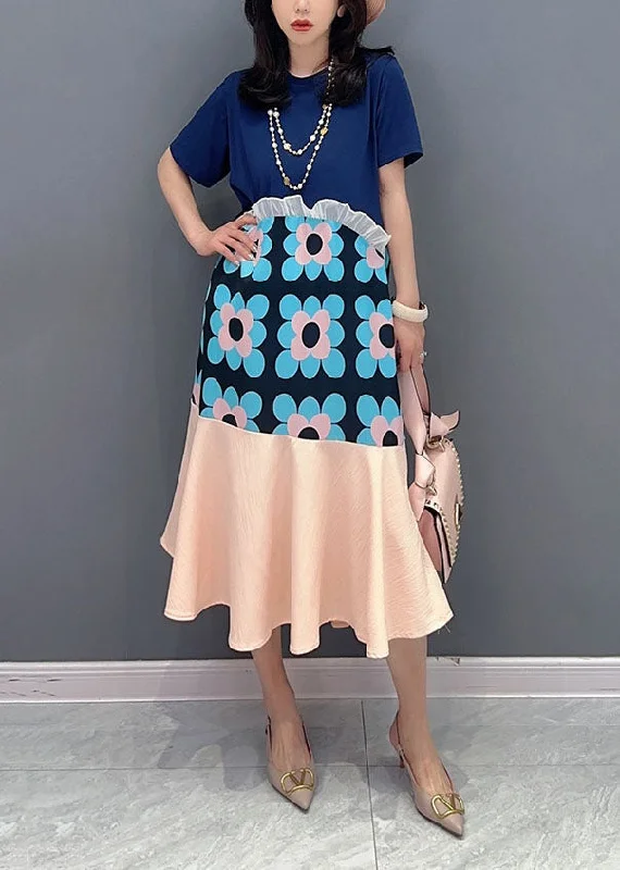 Corduroy dresses for womenBlue Floral Patchwork Cotton Dresses O-Neck Ruffled Summer