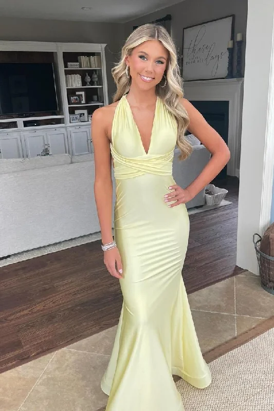 Bridal dresses for womenYellow Fashion Elegant V-neck Long Mermaid Satin Slim-fit Fishtail Ball Gown Evening Dress gh3369