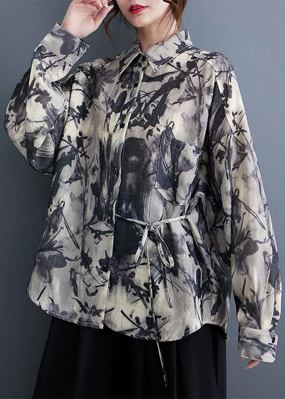 Cropped women's topsFrench Print Tie Waist Button Shirts Long Sleeve