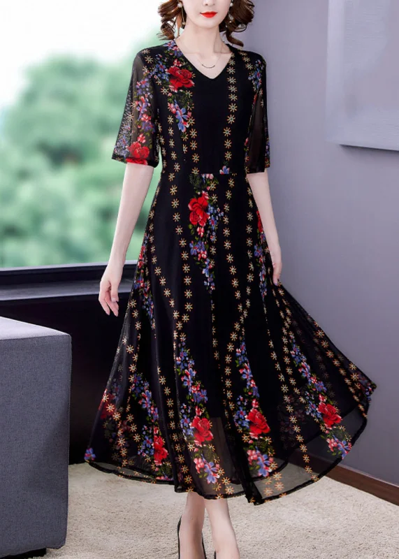 Leather dresses for womenFine Black V Neck Print Patchwork Tulle Long Dresses Summer