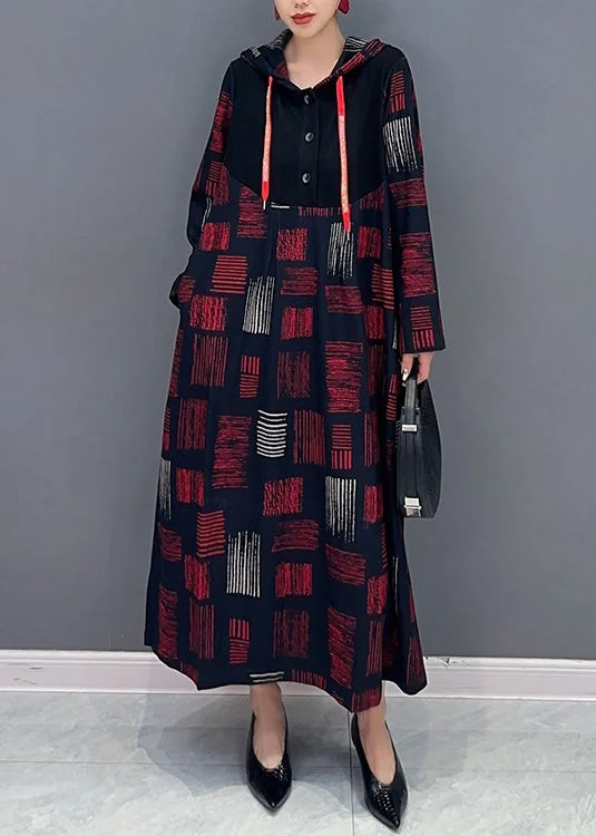 Peplum dresses for womenWomen Red Hooded Plaid Patchwork Cotton Long Dress Fall