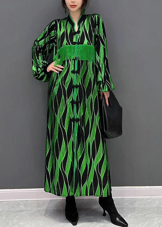 Autumn dresses for fall fashionRetro Green Stand Collar Tasseled Button Patchwork Dress Fall