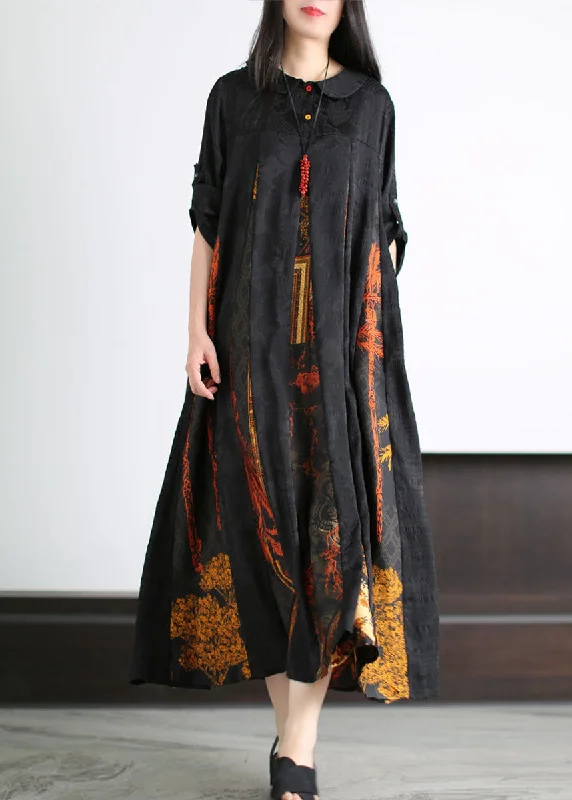 Petite dresses for womenBohemian Black Peter Pan Collar Print Patchwork Silk Long Dress Summer