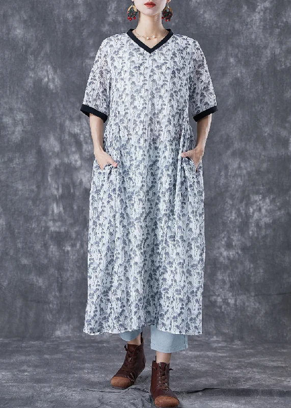 Spring dresses for blossoming stylesElegant White Print Patchwork Pockets Cotton Long Dresses Summer
