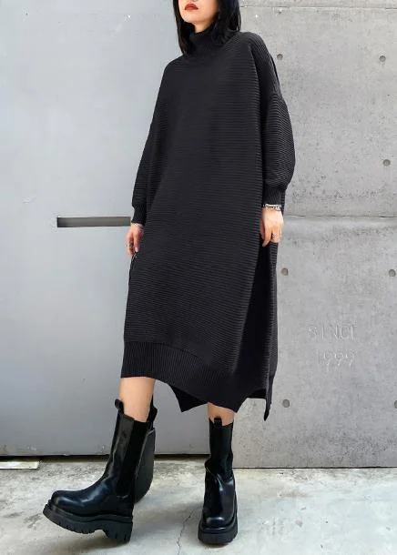 Winter white women's sweaterSimple black Sweater outfits Largo high neck low high design Art fall knit dress