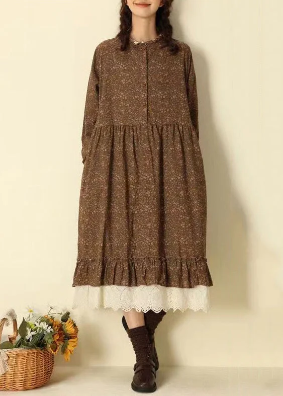Corduroy dresses for womenBeautiful Coffee Ruffled Print Pockets Patchwork Cotton Long Dresses Fall